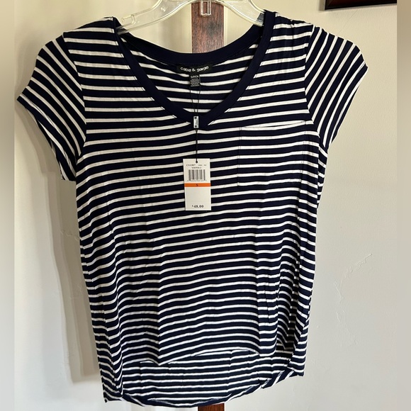 Cable & Gauge Tee T-Shirt Blue White Striped V-Neck‎ Viscose,Spandex Size S NWT - Picture 1 of 6